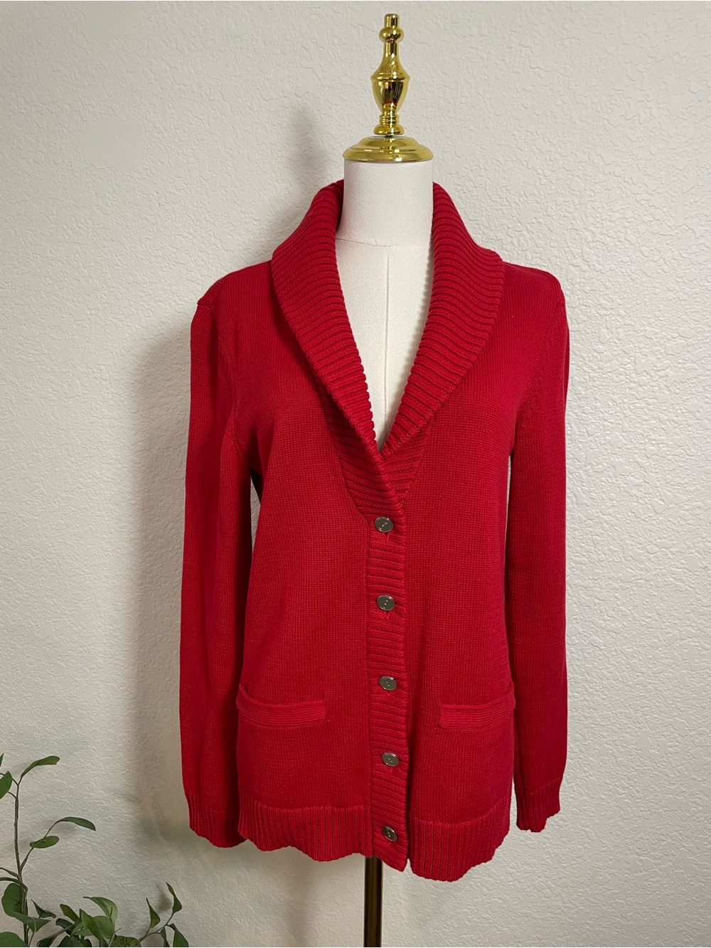 Vintage Lauren Ralph Lauren Red Cotton Shawl Collar Cardigan Sweater M